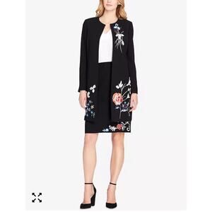 Tahari ASL Embroidered Crepe Topper Jacket Black Floral 12 boho dress coat